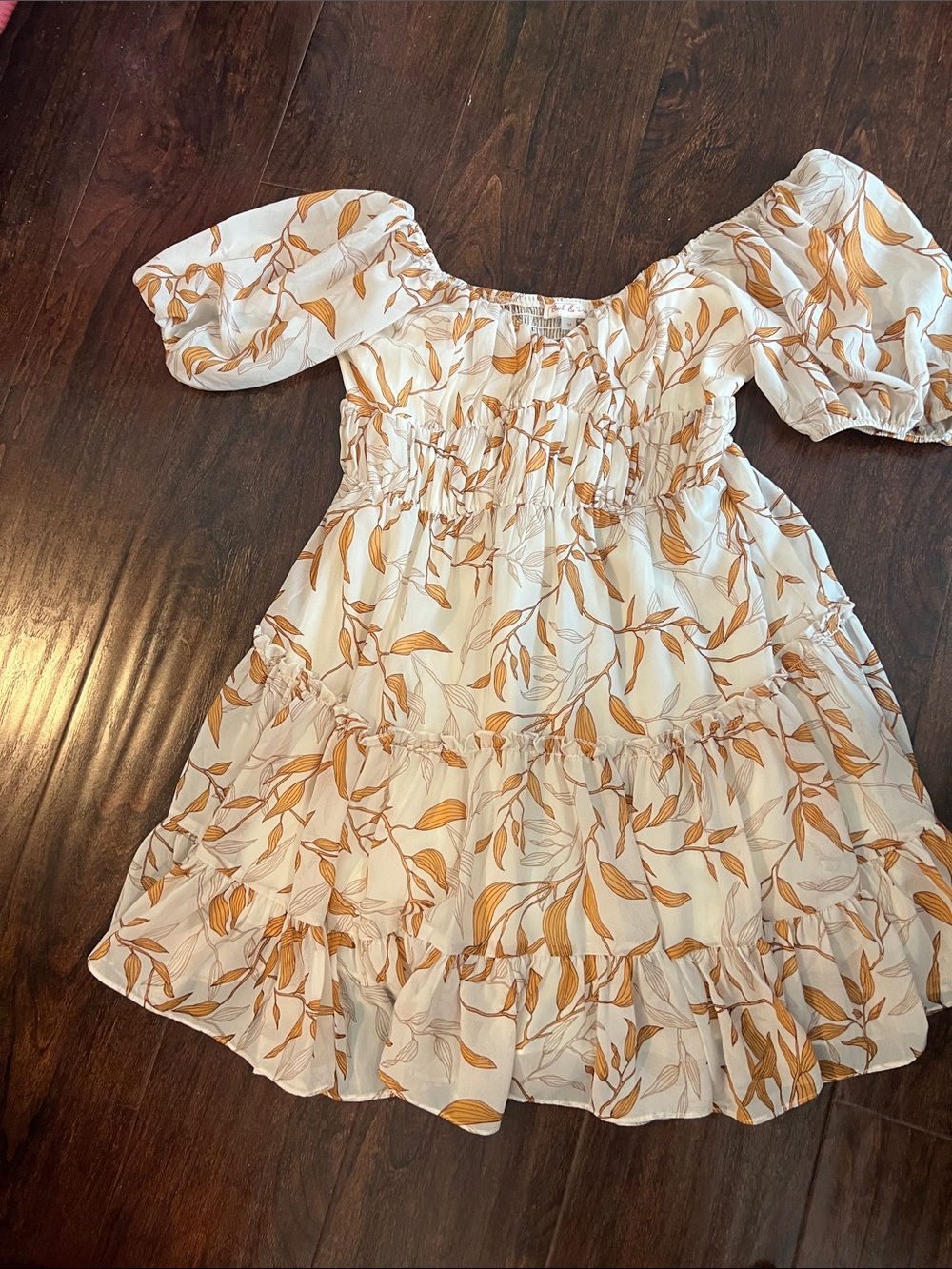 Blush Cream Mini Dress with Mustard Leaf Print